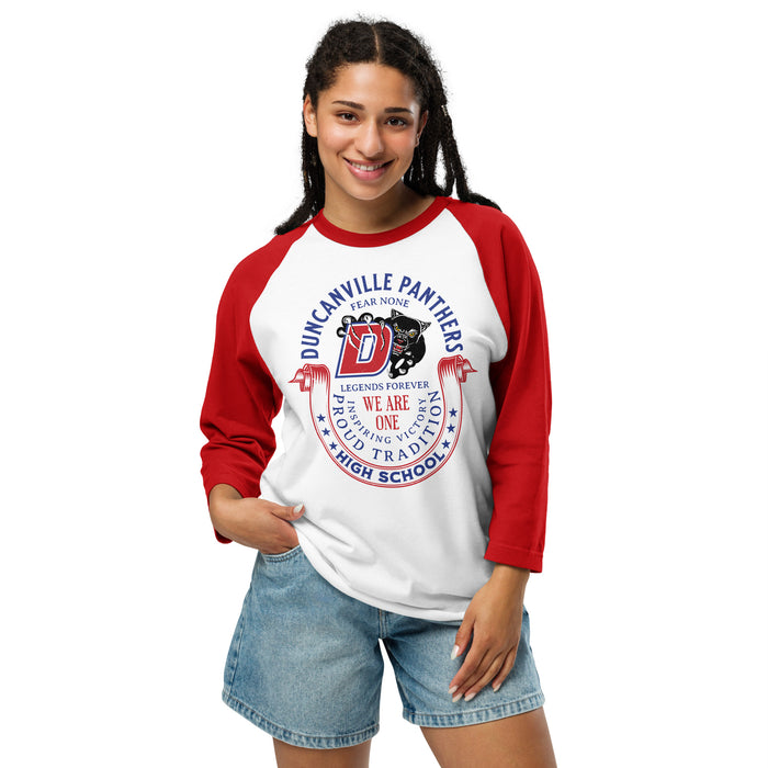 Woman wearing Duncanville High School Panthers Unisex 3/4 sleeve Raglan T-shirt 229
