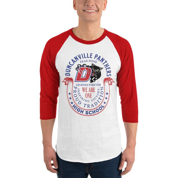Man wearing Duncanville High School Panthers Unisex 3/4 sleeve Raglan T-shirt 229