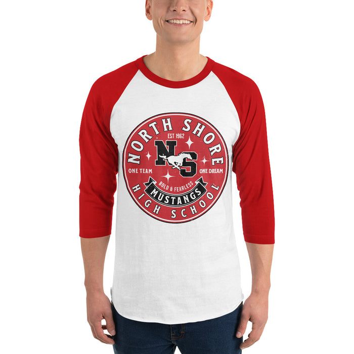 Man wearing North Shore High School Mustangs Unisex 3/4 Sleeve Raglan T-shirt 215