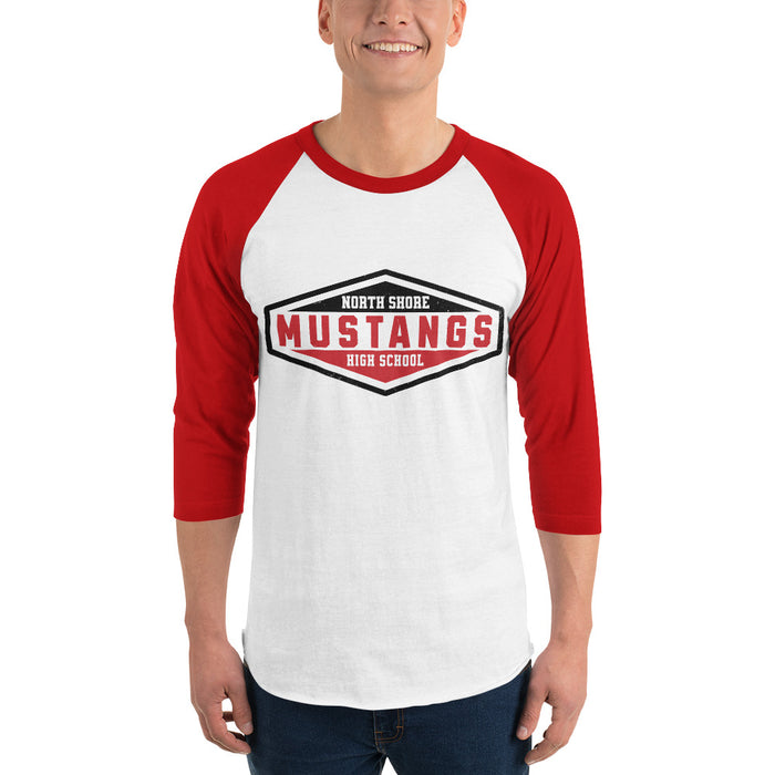 Man wearing North Shore High School Mustangs Unisex 3/4 Sleeve Raglan T-shirt 009