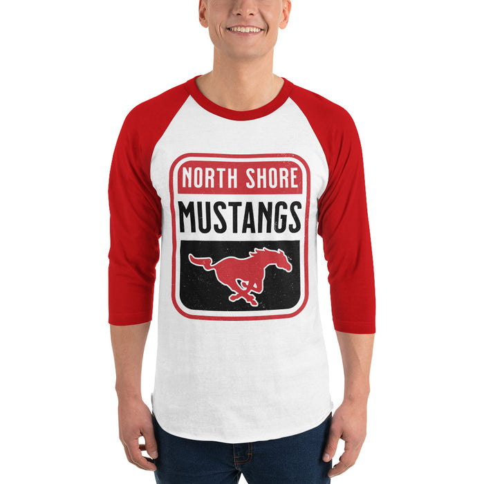 Man wearing North Shore High School Mustangs Unisex 3/4 Sleeve Raglan T-shirt 001