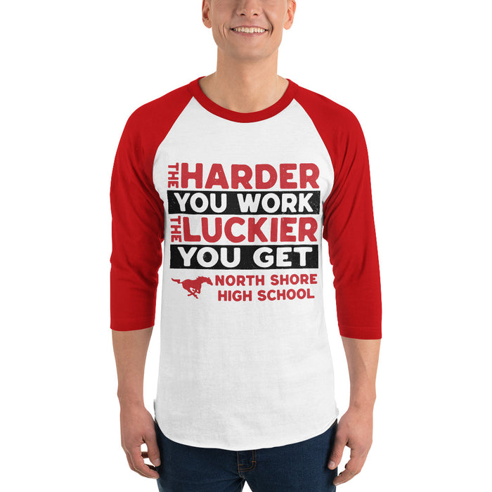 Man wearing North Shore High School Mustangs Unisex 3/4 Sleeve Raglan T-shirt 238