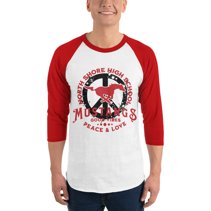 Man wearing North Shore High School Mustangs Unisex 3/4 Sleeve Raglan T-shirt 206