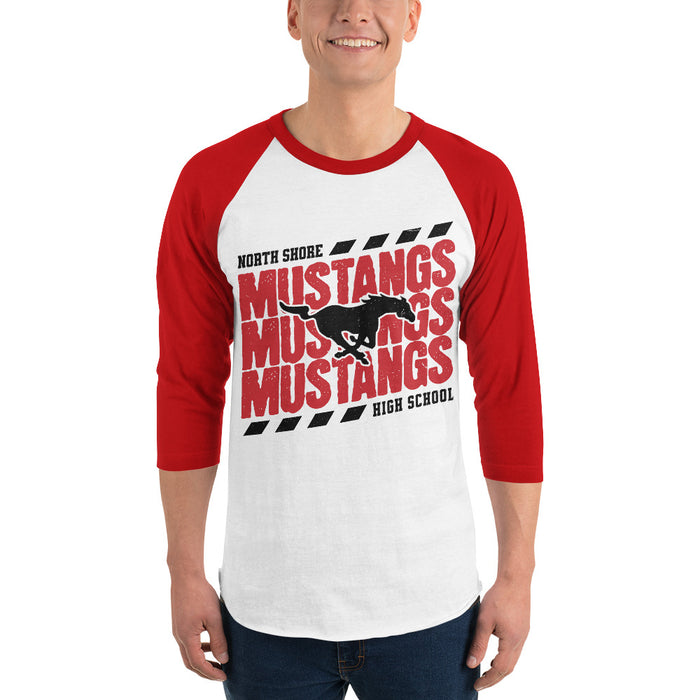 Man wearing North Shore High School Mustangs Unisex 3/4 Sleeve Raglan T-shirt 223