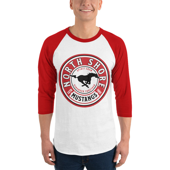 Man wearing North Shore High School Mustangs Unisex 3/4 Sleeve Raglan T-shirt 220