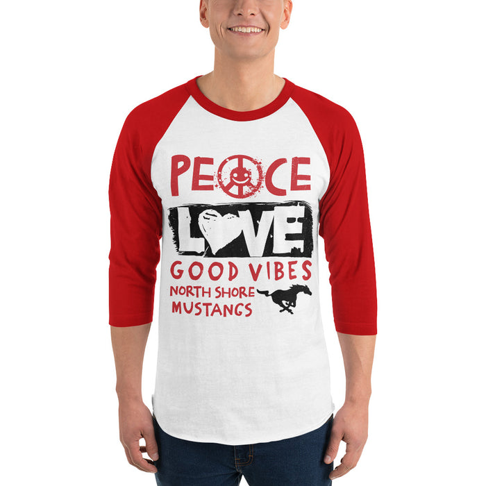 Man wearing North Shore High School Mustangs Unisex 3/4 Sleeve Raglan T-shirt 240