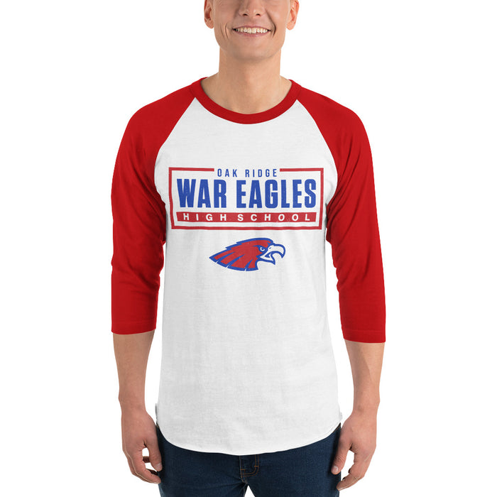 Man wearing Oak Ridge High School War Eagles Unisex 3/4 sleeve Raglan T-shirt 049 red