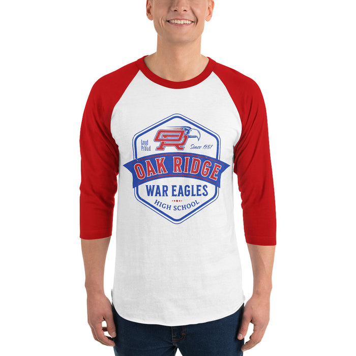 Man wearing Oak Ridge High School War Eagles Unisex 3/4 sleeve Raglan T-shirt 209 red