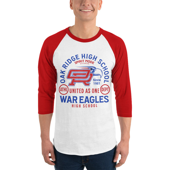 Man wearing Oak Ridge High School War Eagles Unisex 3/4 sleeve Raglan T-shirt 208 red