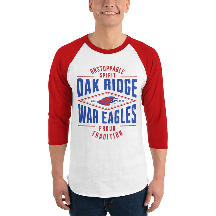 Man wearing Oak Ridge High School War Eagles Unisex 3/4 sleeve Raglan T-shirt 210 red