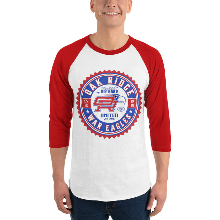 Man wearing Oak Ridge High School War Eagles Unisex 3/4 sleeve Raglan T-shirt 203 red