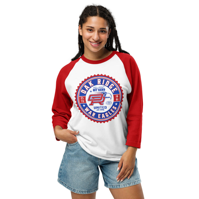Woman wearing Oak Ridge High School War Eagles Unisex 3/4 sleeve Raglan T-shirt 203 red