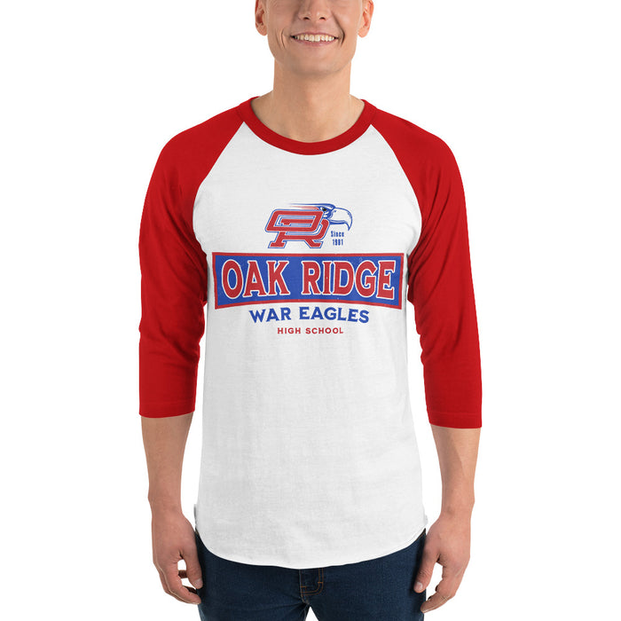 Man wearing Oak Ridge High School War Eagles Unisex 3/4 sleeve Raglan T-shirt 202 red