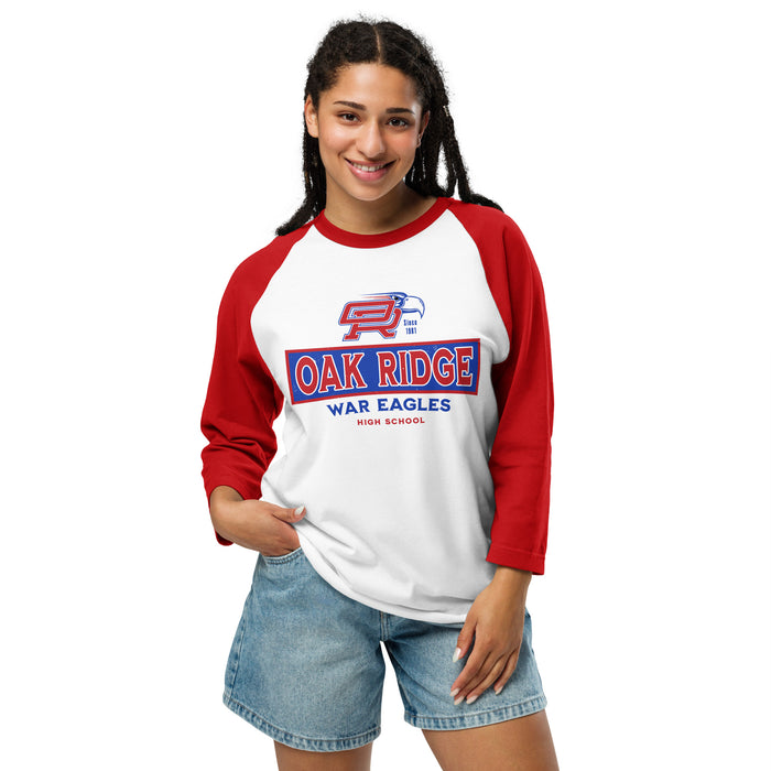Woman wearing Oak Ridge High School War Eagles Unisex 3/4 sleeve Raglan T-shirt 202 red