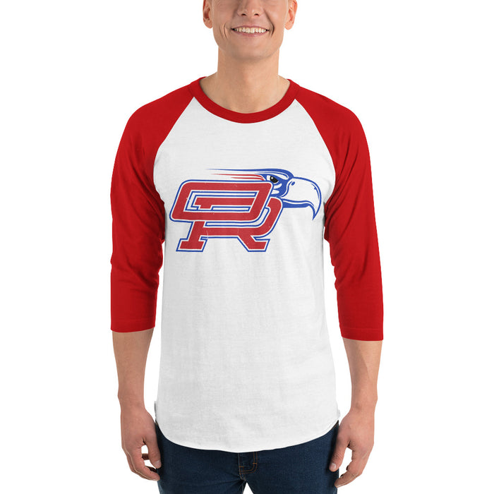 Man wearing Oak Ridge High School War Eagles Unisex 3/4 sleeve Raglan T-shirt 200 red