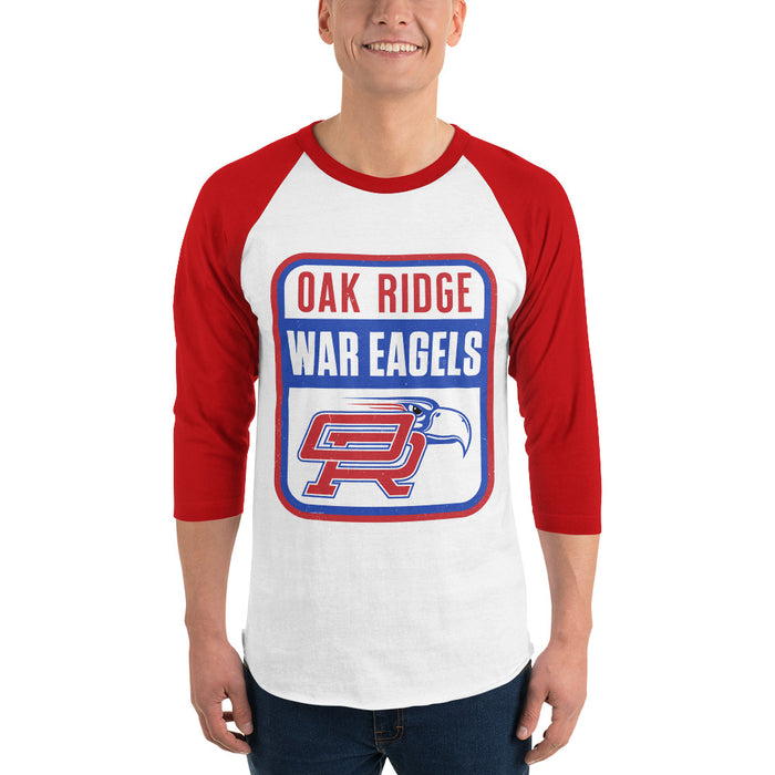 Man wearing Oak Ridge High School War Eagles Unisex 3/4 sleeve Raglan T-shirt 001 - Red