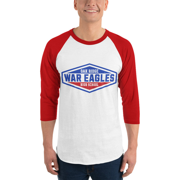 Man wearing Oak Ridge High School War Eagles Unisex 3/4 sleeve Raglan T-shirt 009 - Red Sleeves