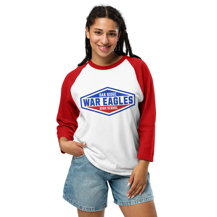Woman wearing Oak Ridge High School War Eagles Unisex 3/4 sleeve Raglan T-shirt 009 - Red sleeves