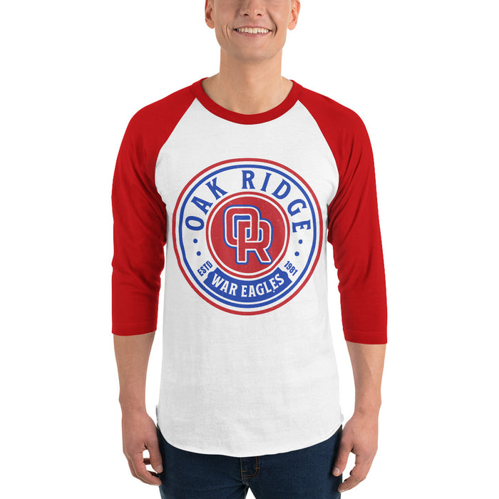 Man wearing Oak Ridge High School War Eagles Unisex 3/4 sleeve Raglan T-shirt 220 red