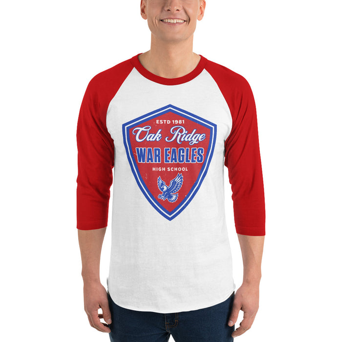 Man wearing Oak Ridge High School War Eagles Unisex 3/4 sleeve Raglan T-shirt 225 red