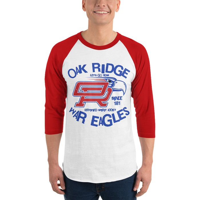Man wearing Oak Ridge High School War Eagles Unisex 3/4 sleeve Raglan T-shirt 228 red