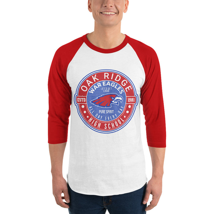 Man wearing Oak Ridge High School War Eagles Unisex 3/4 sleeve Raglan T-shirt 224 red
