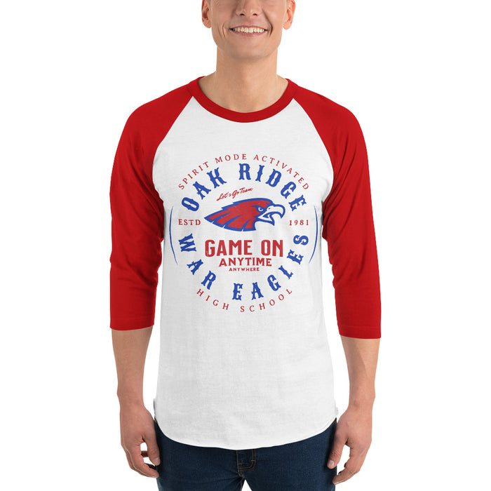 Man wearing Oak Ridge High School War Eagles Unisex 3/4 sleeve Raglan T-shirt 214 red
