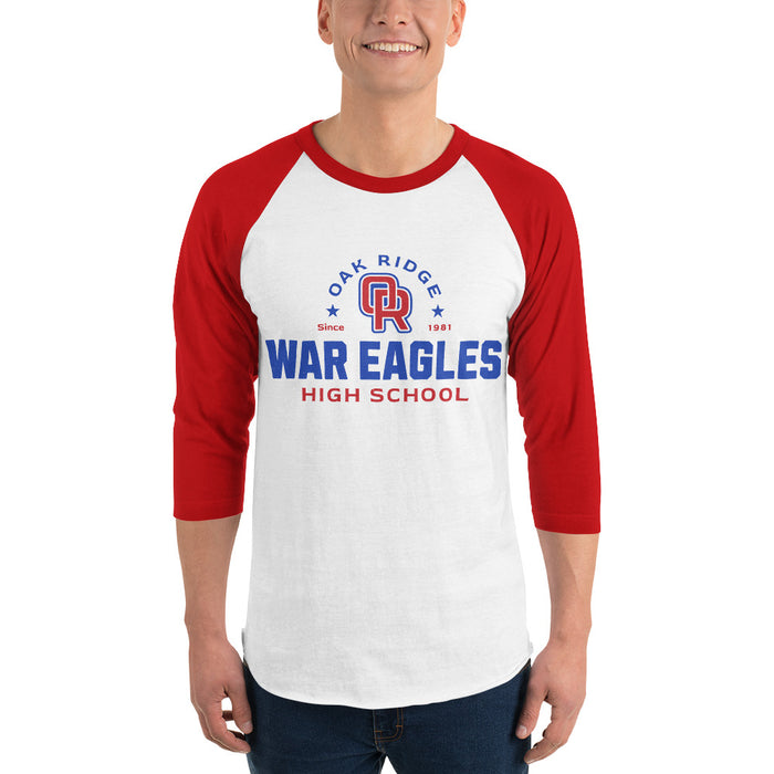 Man wearing Oak Ridge High School War Eagles Unisex 3/4 sleeve Raglan T-shirt 222 red
