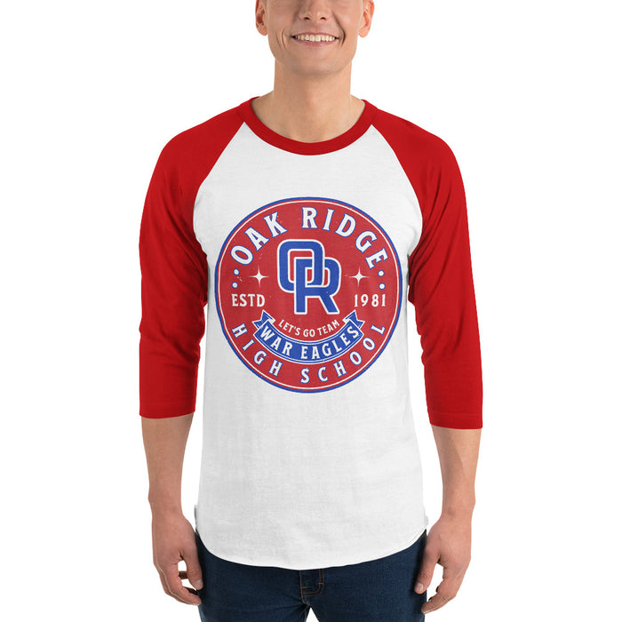 Man wearing Oak Ridge High School War Eagles Unisex 3/4 sleeve Raglan T-shirt 215 red
