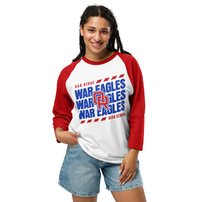 Woman wearing Oak Ridge High School War Eagles Unisex 3/4 sleeve Raglan T-shirt 223 red