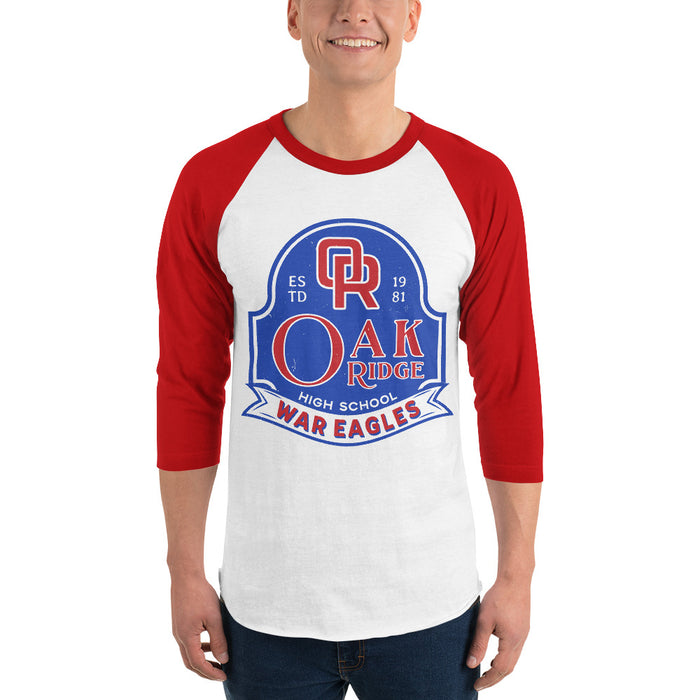 Man wearing Oak Ridge High School War Eagles Unisex 3/4 sleeve Raglan T-shirt 219 red