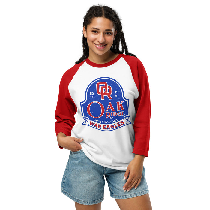 Woman wearing Oak Ridge High School War Eagles Unisex 3/4 sleeve Raglan T-shirt 219 red