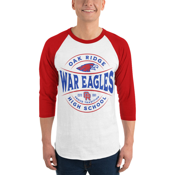 Man wearing Oak Ridge High School War Eagles Unisex 3/4 sleeve Raglan T-shirt 218 red