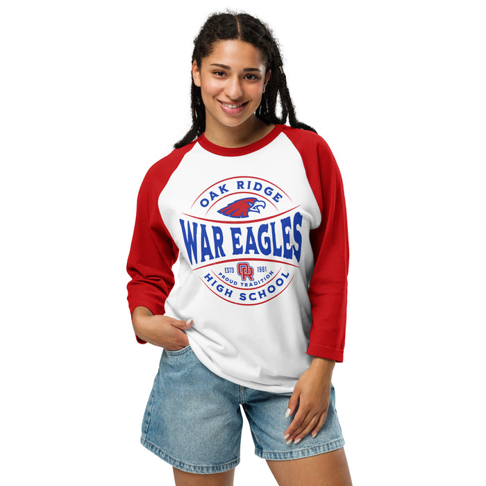 Woman wearing Oak Ridge High School War Eagles Unisex 3/4 sleeve Raglan T-shirt 218 red