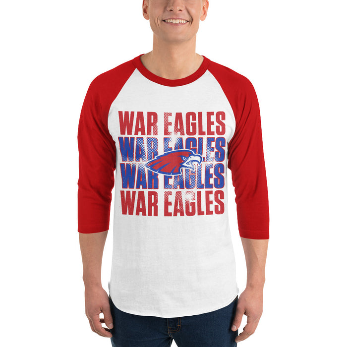 Man wearing Oak Ridge High School War Eagles Unisex 3/4 sleeve Raglan T-shirt 233 red