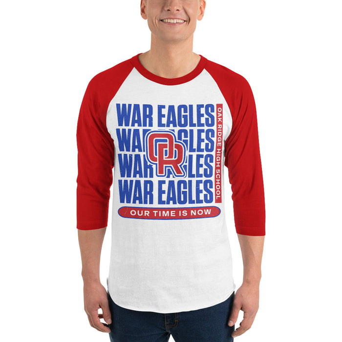 Man wearing Oak Ridge High School War Eagles Unisex 3/4 sleeve Raglan T-shirt 235 red