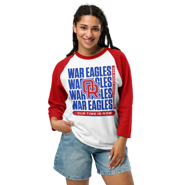 Woman wearing Oak Ridge High School War Eagles Unisex 3/4 sleeve Raglan T-shirt 235 red