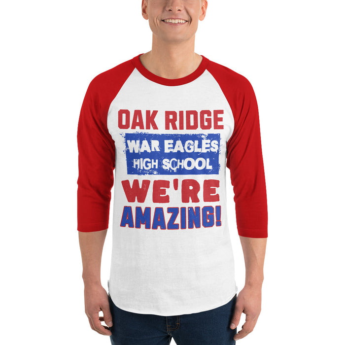 Man wearing Oak Ridge High School War Eagles Unisex 3/4 sleeve Raglan T-shirt 231 red