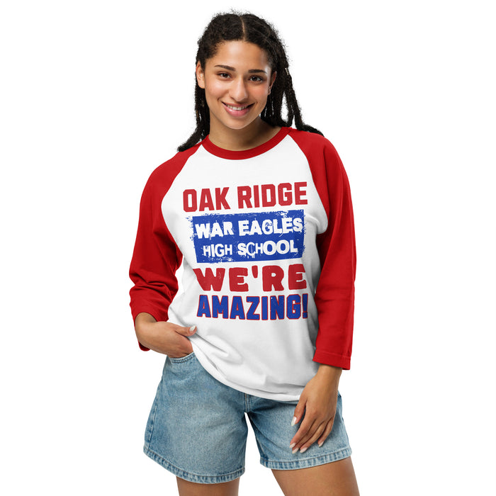 Woman wearing Oak Ridge High School War Eagles Unisex 3/4 sleeve Raglan T-shirt 231 red