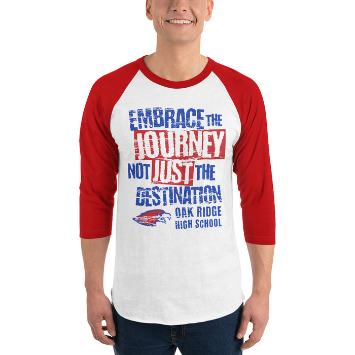 Man wearing Oak Ridge High School War Eagles Unisex 3/4 sleeve Raglan T-shirt 232 red