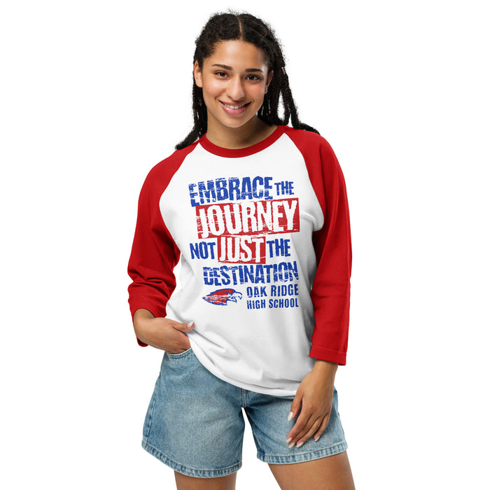 Woman wearing Oak Ridge High School War Eagles Unisex 3/4 sleeve Raglan T-shirt 232 red