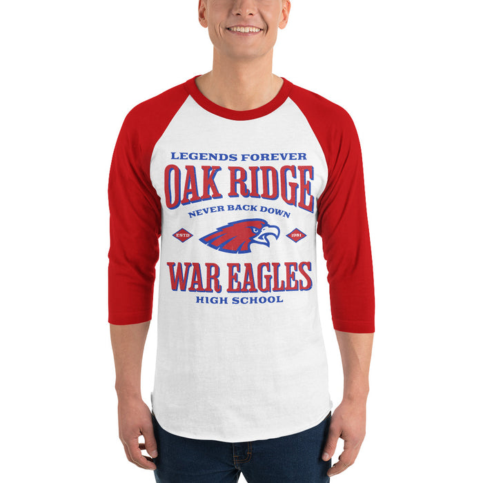 Man wearing Oak Ridge High School War Eagles Unisex 3/4 sleeve Raglan T-shirt 230 red