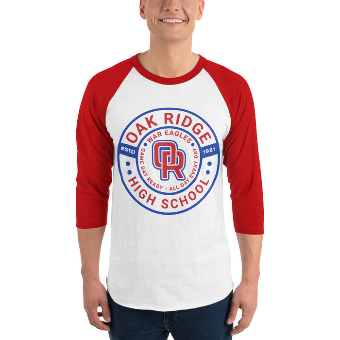 Man wearing Oak Ridge High School War Eagles Unisex 3/4 sleeve Raglan T-shirt 239 red