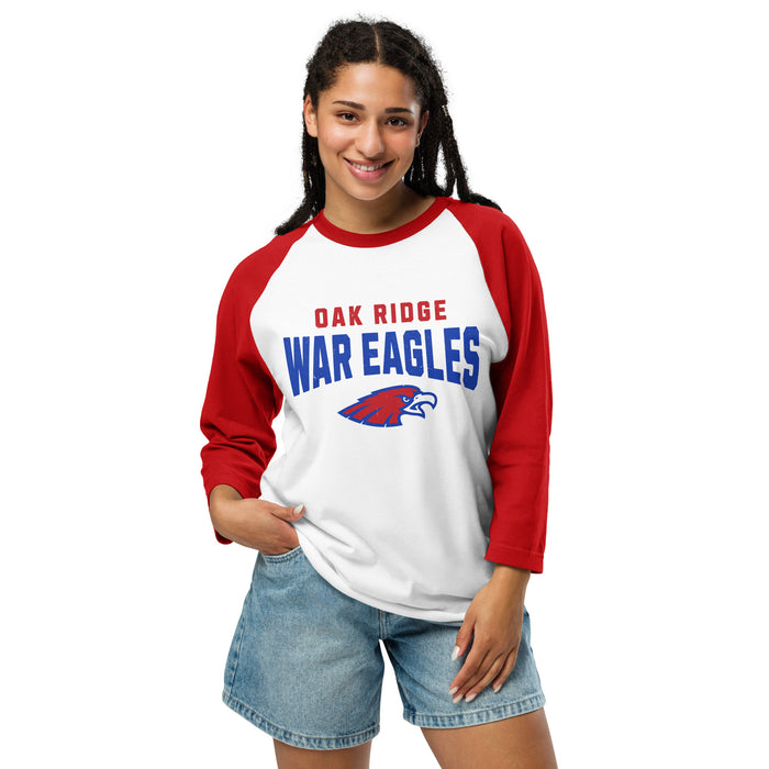 Woman wearing Oak Ridge High School War Eagles Unisex 3/4 sleeve Raglan T-shirt 234 Red