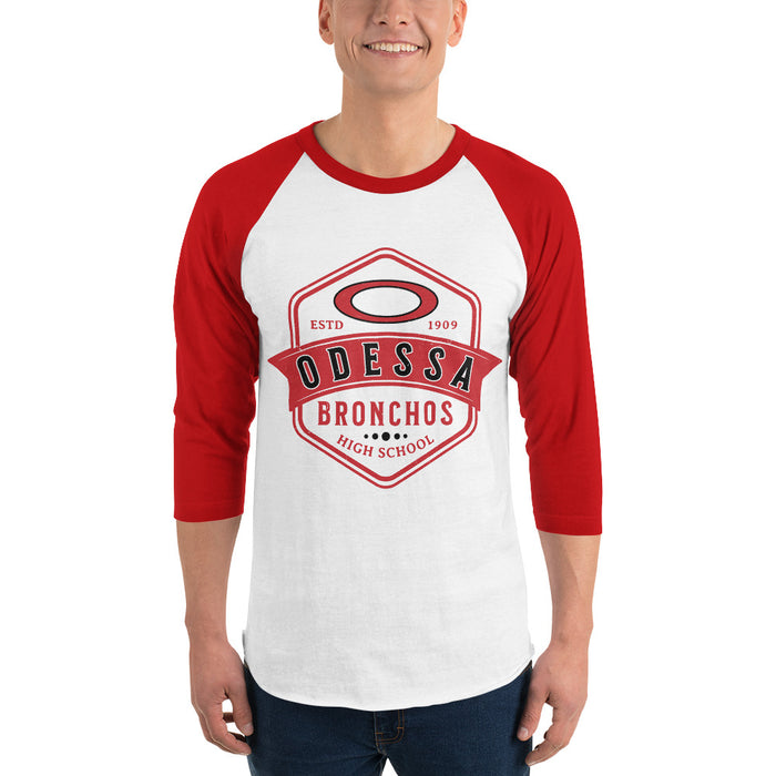Man wearing Odessa High School Bronchos Unisex 3/4 sleeve Raglan T-shirt 209