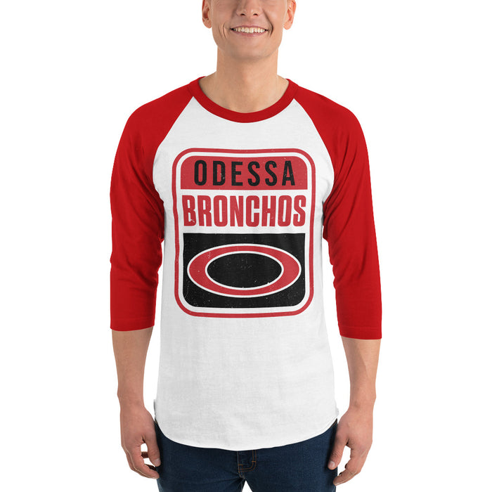 Man wearing Odessa High School Bronchos Unisex 3/4 sleeve Raglan T-shirt 001
