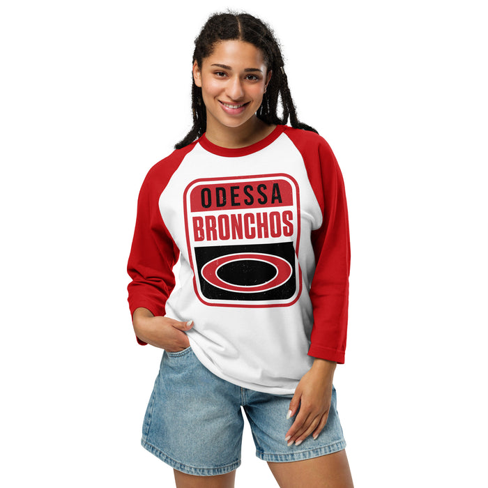 Woman wearing Odessa High School Bronchos Unisex 3/4 sleeve Raglan T-shirt 001