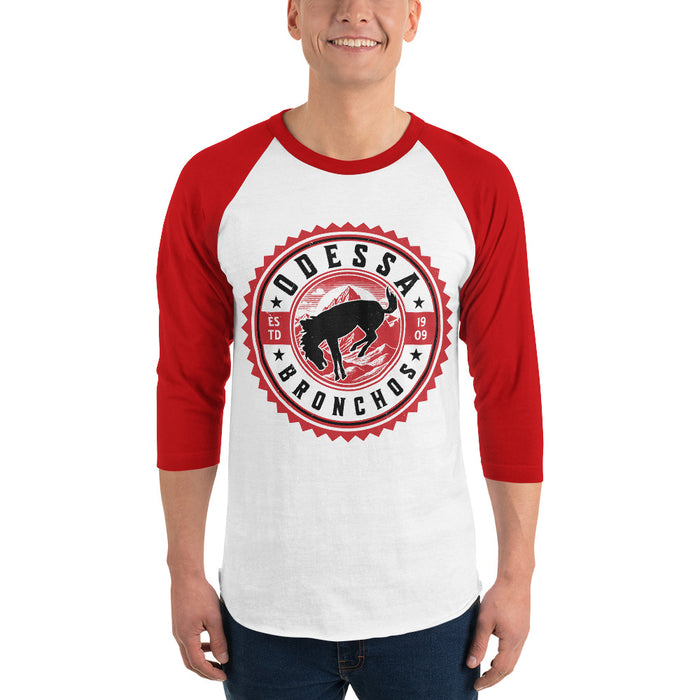Man wearing Odessa High School Bronchos Unisex 3/4 sleeve Raglan T-shirt 203