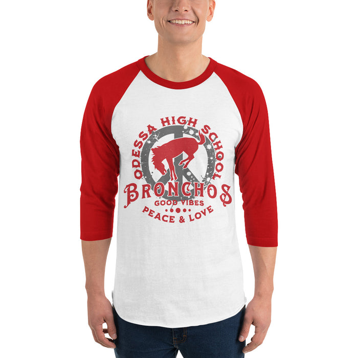 Man wearing Odessa High School Bronchos Unisex 3/4 sleeve Raglan T-shirt 206