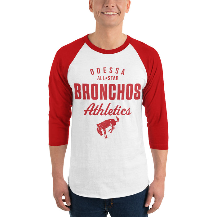 Man wearing Odessa High School Bronchos Unisex 3/4 sleeve Raglan T-shirt 034